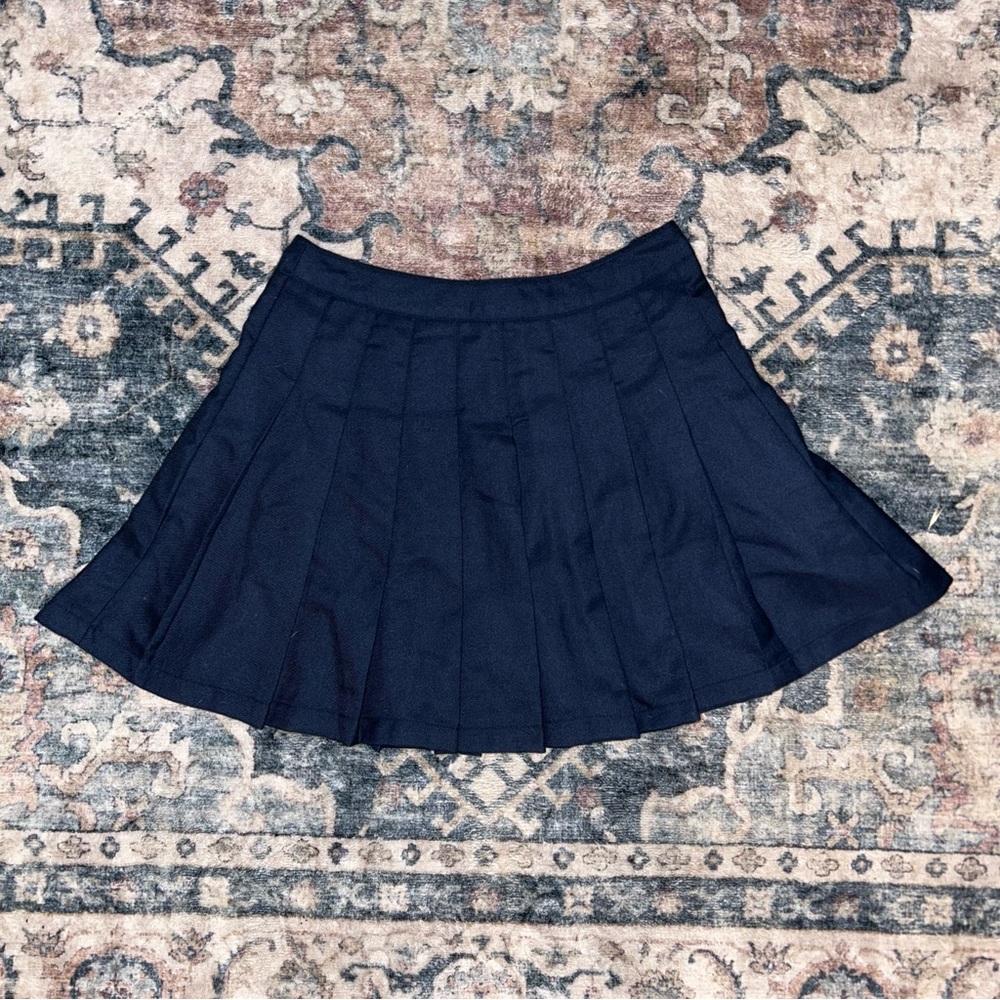 Navy Pleated Mini Skirt (Zip & Button Closure)